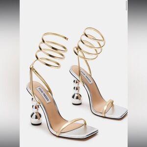Steve Madden Ashna Dress Sandals 7.5 Gold/Silver Coil Ankle Strap Square Toe